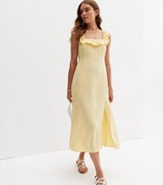New Look Pale Yellow Linen-Look Frill Square Neck Midi Dress
